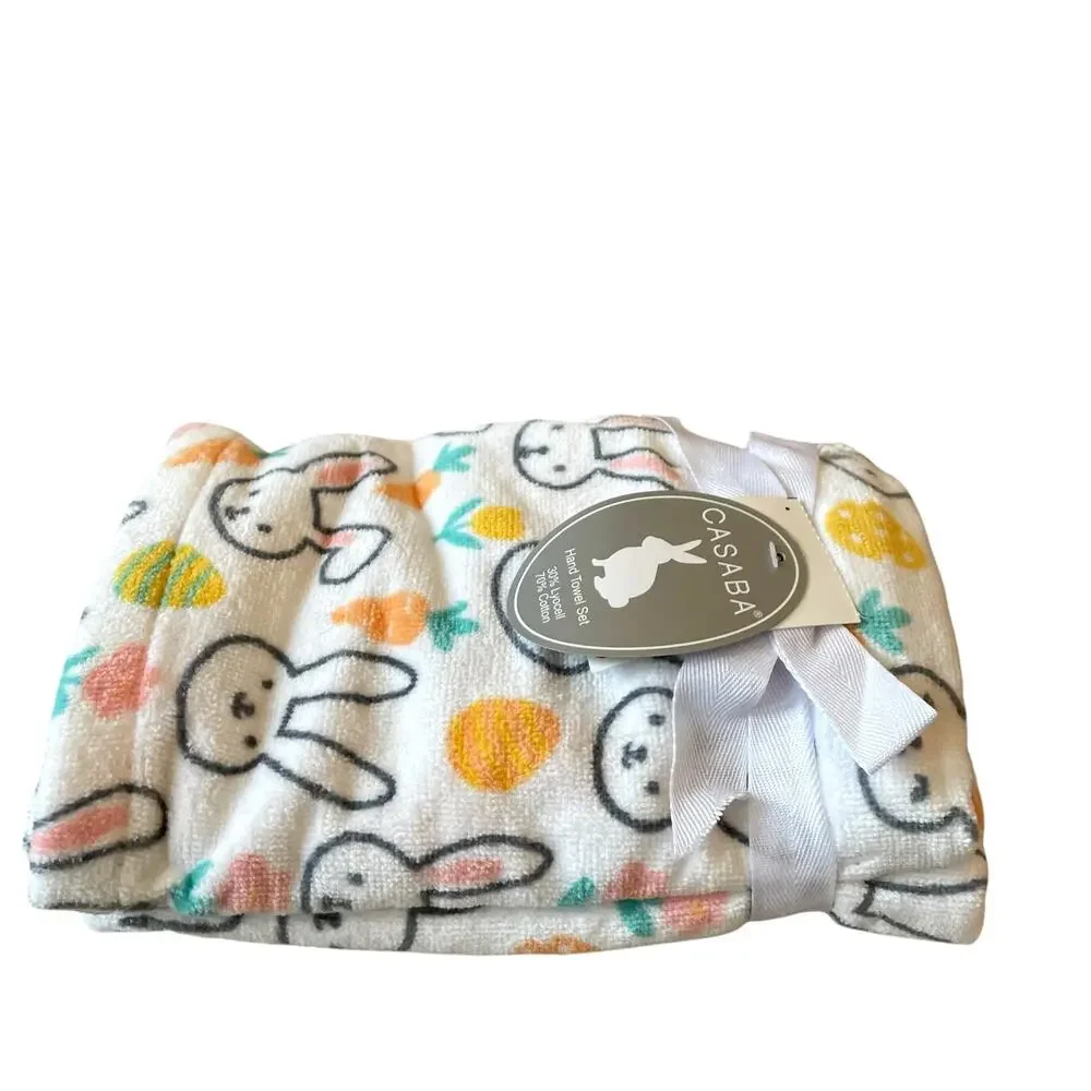 Set of 2 Casaba Easter Bath Hand Towels Multicolor  Bunnies Carrots Eggs New